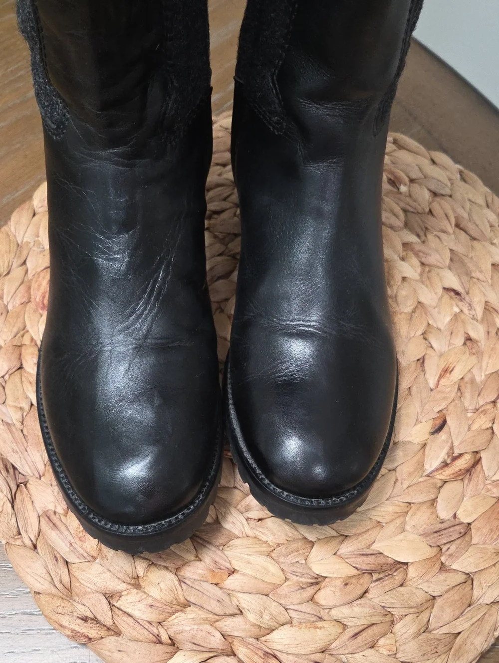 Tory Burch Melinda Quilted Leather Wool Riding Boots Black Charcoal Grey Size 7